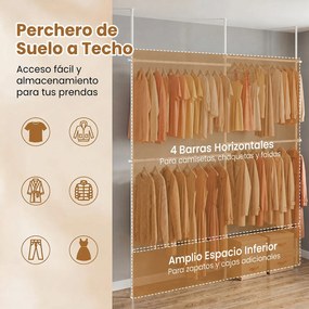 Cabideiro de Roupa 139-244 x 110-315 cm , Estrutura de Pé com 4 Barras Extensíveis, Branco