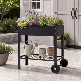 Floreira Elevada para Horta com Rodas, 88 x 37 x 80 cm, Estrutura Metálica, Preto