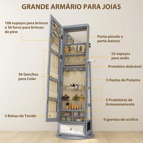 Espelho de Pé Giratório 360° com Espelho com Interior Iluminado Organizador de Jóias com Prateleiras e Gavetas 56x56x164