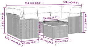 7 pcs conjunto sofás p/ jardim c/ almofadões vime PE cinzento