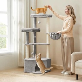Arranhador para gatos com grande cavidade e várias áreas para brincar e descansar 48,5 x 48,5 x 140,7 cm Cinzento