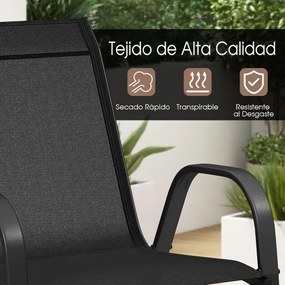 Conjunto de 4 cadeiras de jardim empilháveis (MESA NÃO INCLUIDA) com apoios de braços, encostos em metal e tecido, 56 x 70 x 84 cm Preto