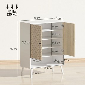 Sapateira com Desenho em Espiga Prateleiras Ajustáveis Compartimento Aberto para 15 Pares de Sapatos 75x35x97 cm Branco e Madeira
