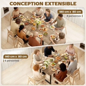 Mesa de jantar retangular extensível com extensão de 140 a 180 cm para 6 a 8 pessoas (CADEIRAS NÃO INCLUIDAS), com efeito de madeira natural, preto
