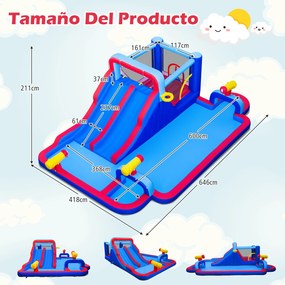 Parque aquático insuflável com escorrega duplo 646 x 418 x 211 cm, piscina, zona de salpicos, zona de saltos, parede de escalada, cesto de basquetebol