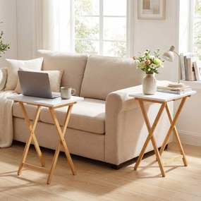 Conjunto de 2 mesas apoio dobráveis de bambu 48 x 35 x 64 cm, refeições e sofá; portátil; ideal para espaços pequenos quarto e sala de estar branco
