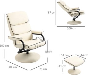 Poltrona relax com pufe e encosto reclinável, giratória a 360°, assento almofadado confortável, cor creme