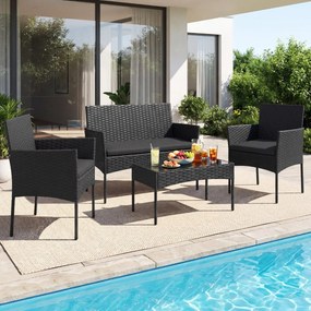 Conjunto de jardim em rattan de 4 peças, com 2 poltronas, sofá de 2 lugares, mesa auxiliar e almofadas de espuma, para alpendre, pátio ou terraço, Pre