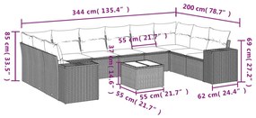 11 pcs conjunto sofás de jardim c/ almofadões vime PE cinzento