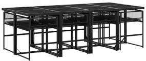 9 pcs conjunto de jantar p/ jardim c/ almofadões vime PE preto
