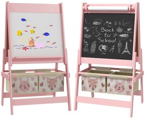 AIYAPLAY Cavalete para Crianças 3 em 1 Cavalete Infantil de Dupla Face Cavalete de Arte com Rolo de Papel Quadro e 2 Cestas de Armazenamento 54x46,5x93 cm Rosa