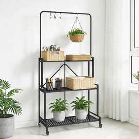 Suporte para plantas de 3 níveis com Rodas 84 x 40,5 x 174 cm, prateleira dobrável para flores em metal com 4 ganchos, preto