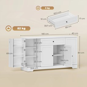 Armário de cozinha 140 x 40 x 80 cm, com gaveta, 4 portas com fecho suave, suportes para copos e prateleiras ajustáveis, branco