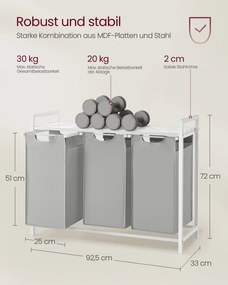 Cesto para roupa suja 3 compartimentos em tecido Oxford 114 litros, 3 x 38 L Cinzento