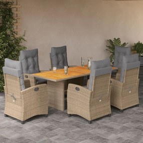 vidaXL 7 pcs conj. jantar jardim c/ almofadões vime PE bege misturado