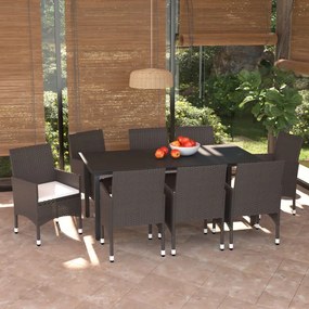 vidaXL 9 pcs conjunto jantar p/ jardim c/ almofadões vime PE castanho