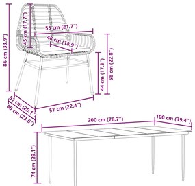Conjunto de jantar jardim 7 peças almofadas vidro vime PE preto