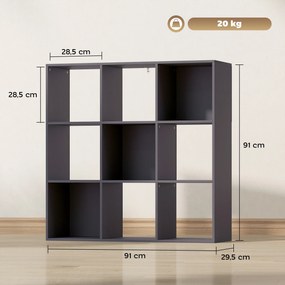 Estante de 3 níveis com 9 compartimentos 91 x 29,5 x 91 cm, para sala de estar, escritório ou quarto, cinzenta
