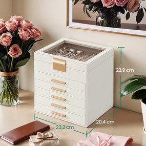 Caixa para joias com 6 níveis, com tampa de vidro 20,3 x 23,1 x 22,8 cm branco-dourado