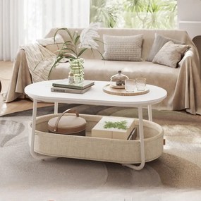 Mesa de centro oval 55 x 100 x 45,7 cm com espaço de arrumação e cesto de tecido Branco mate-castanho camelo