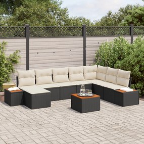 Conjunto de Sofá de Jardim vidaXL com 9 Peças e Almofadas em Rattan Sintético Preto e Madeira Acácia