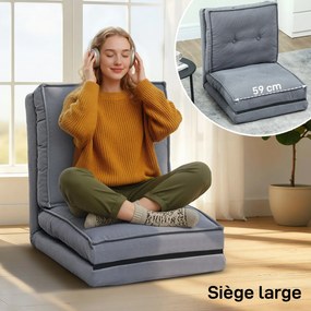 Poltrona chão dobrável de veludo canelado,  com encosto ajustável em 5 posições, 59 x 230 x 15 cm, cinzento