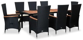 vidaXL 9 pcs conjunto jantar exterior com almofadões vime PE preto