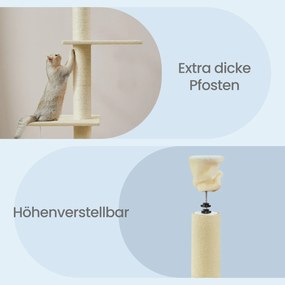 Arranhador para gatos, ajustável em altura 45 x 30 x (231-291) cm, com vários níveis e caverna bege