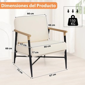 Poltrona moderna de sala, poltrona decorativa com almofadas removíveis com fecho de correr, Estrutura de metal e pés ajustáveis, confortável, bege