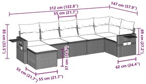 7 pcs conjunto de sofás jardim c/ almofadões vime PE castanho