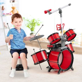 Conjunto de bateria para crianças com microfone e Banco Teclado multifunções Instrumento de percussão de brinquedo multifunções Vermelho