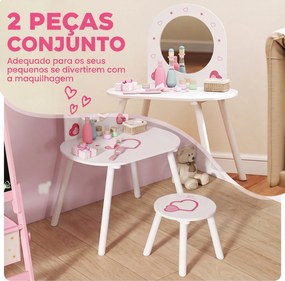 Toucador Infantil com Banco e Espelho para Meninas com Desenhos de Corações para Crianças de 3-6 Anos Branca
