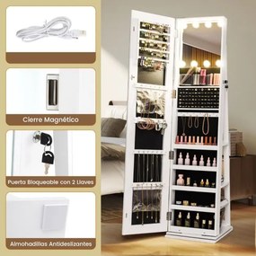 Armário giratório para joias 360°com espelho de corpo inteiro 43 x 38 x 160 cm iluminado e prateleiras traseiras 3 caixas Branco