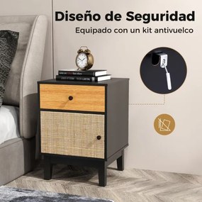 Mesa de cabeceira, Mesa de apoio de rattan moderna 40 x 39 x 55 cm com gaveta estilo Boho com pernas de madeira maciça Preto e Castanho