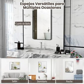 Espelho de casa de banho de parede retangular de 76,5 cm com película anti-explosão e moldura em aço inoxidável de canto redondo