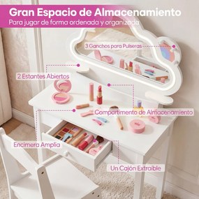 Conjunto de Toucador Infantil com Cadeira, 59 x 35 x 103,5 cm, Espelho em Forma de Nuvem com Luz LED, Branco
