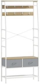HOMCOM Móvel Cabide de Entrada com Banco Sapateira 8 Ganchos 2 Gavetas de Tecido Barra Prateleira 80x30x180,5 cm Branco e Madeira | Aosom Portugal