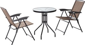 Conjunto de jardim de 3 peças: 2 cadeiras reclináveis com várias posições e dobráveis + mesa redonda em vidro temperado Castanho