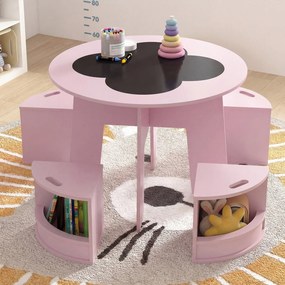 Conjunto de 5 Peças, Mesa Redonda Infantil e 4 Bancos com Arrumação, 70 x 70 x 49 cm, Design Empilhável, cor-de-rosa