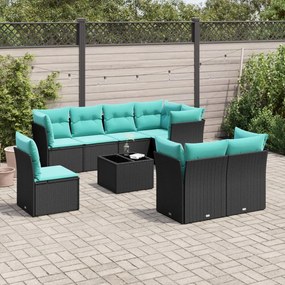 vidaXL 9 pcs conjunto de sofás p/ jardim c/ almofadões vime PE preto