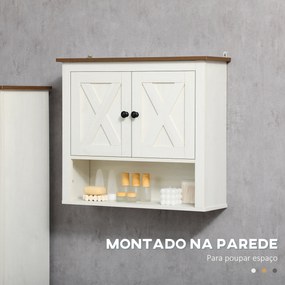 Armário Casa de Banho de Parede com 2 Portas e Prateleiras de Armazenamento 60x19,5x52,5 cm Branco e Madeira