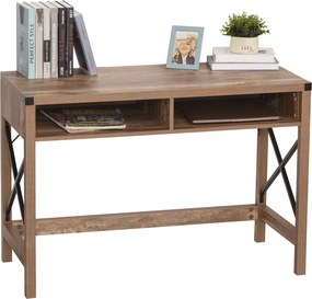 Secretária de design industrial com tampo grande, 2 compartimentos abertos metálicos pretos e painéis de aglomerado com imitação de madeira com veios