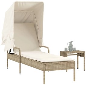 vidaXL Espreguiçadeira com toldo e mesa vime PE bege