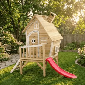 Casa de brincar exterior para crianças Fantasia 300 em madeira com escorrega natural