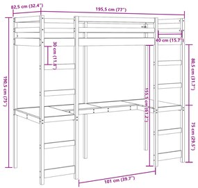 Cama alta sem colchão 75x190 cm pinho maciço castanho-mel