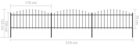 Cerca de jardim com topo em lanças (0,5-0,75)x5,1 m aço preto