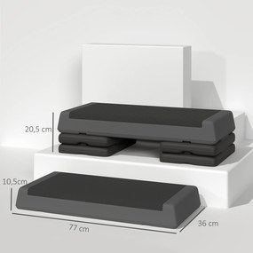 Step para Fitness Antideslizante Altura Regulável 3 Níveis de 10,5/15,5/20,5 cm Capacidade 250 kg 77x36x20,5 cm Cinza e Preto