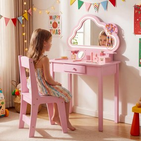 Conjunto de Toucador Infantil e Cadeira, 59 x 35 x 103,5 cm, Espelho em Forma de Nuvem com LED, Rosa