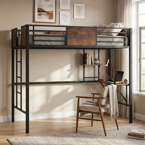 Cama infantil Alta com Secretária, 208 x 94 x 174 cm, Estrutura Metálica Reforçada, Castanho+Preto