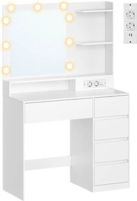 Toucador com espelho 80 x 40 x 144,3 cm, iluminação LED, tomada e 5 gavetas, branco